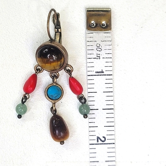 Precious Gemstones Boho Earrings Turquoise Tiger's eye Red Jasper Jade - Picture 2 of 8